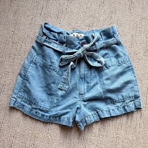AMO Denim Darling Soft Paperbag Waist Belted Shorts Sz 26 NEW $245